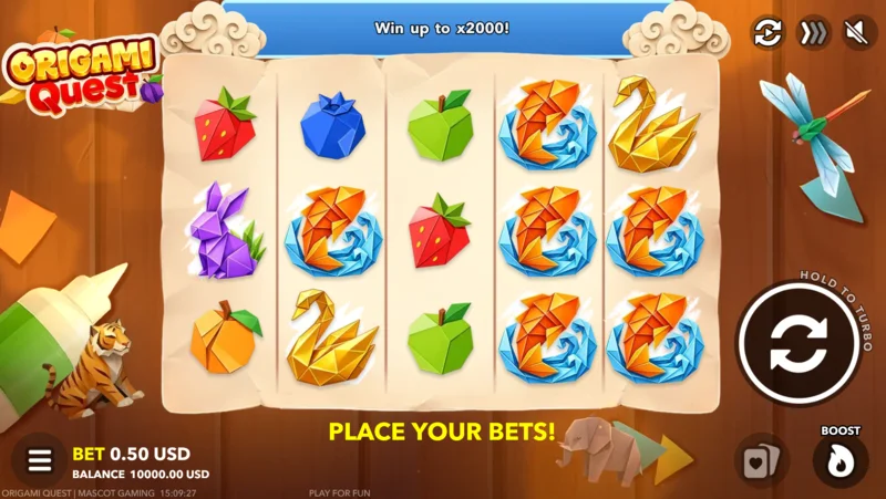 Origami Quest - zaslon igre s pločom za klađenje i gumbom Boost